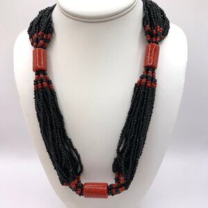Antique Native American Black Seed Bead Coral 36" Multistrand Necklace J772